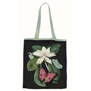 Plátěná taška černá, magnolie s motýlem