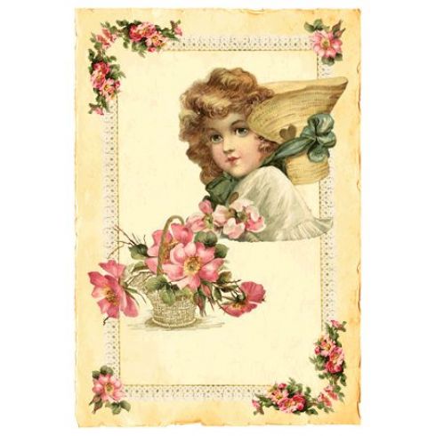 Přání - Růžové květy a holčička, klobouk