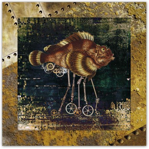 Steampunk, Kráčející ryba, zarámovaný obraz 29,5 x 29,5 cm