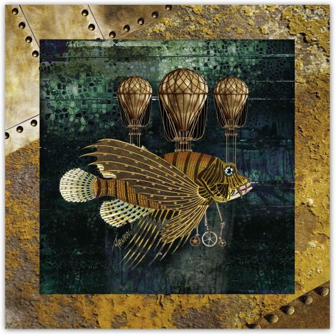 Steampunk, Létající ryba, zarámovaný obraz 29,5 x 29,5 cm