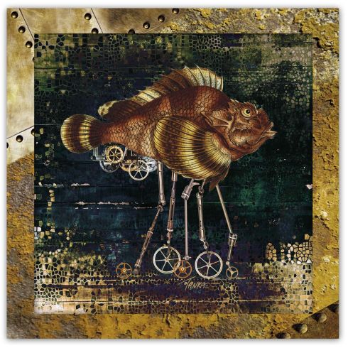 Steampunk, Kráčející ryba, zarámovaný obraz 26 x 26 cm