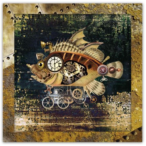 Steampunk, Mechanická ryba, zarámovaný obraz 26 x 26 cm