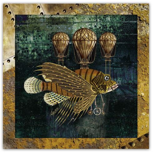 Steampunk, Létající ryba, zarámovaný obraz 26 x 26 cm