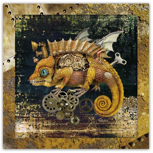 Steampunk, Mechanický chameleon, zarámovaný obraz 26 x 26 cm