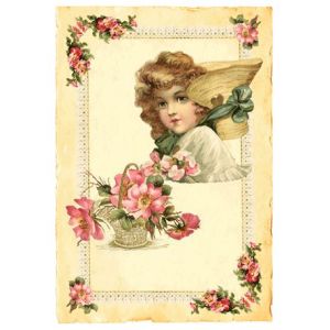 Přání - Růžové květy a holčička, klobouk