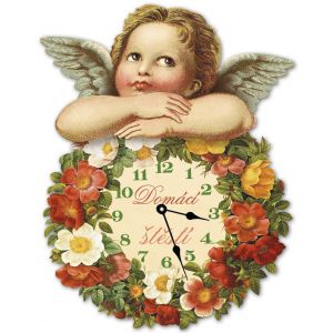 Dřevěné vyřezané hodiny, Domácí štěstí, věnec z květů