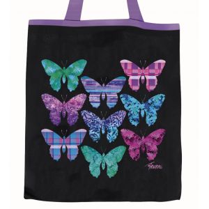 Plátěná taška černá, motýli v modrém