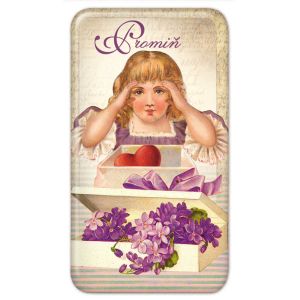 Magnet Promiň, holčička a krabice fialové květy 50 x 90 mm/NB